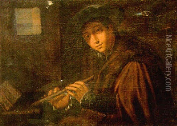 A Young Man With A Soprano Recorder Oil Painting - Giovanni Girolamo (da Brescia) Savoldo