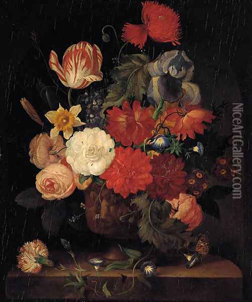 Roses, carnations, morning glories, tulips and other flowers in a vase on a ledge in a niche Oil Painting - Jan Van Huysum