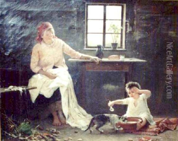 Scena Rodzajowa W Chlopskiej Izbie (1885) Oil Painting - Franciszek, Franz Ejsmond