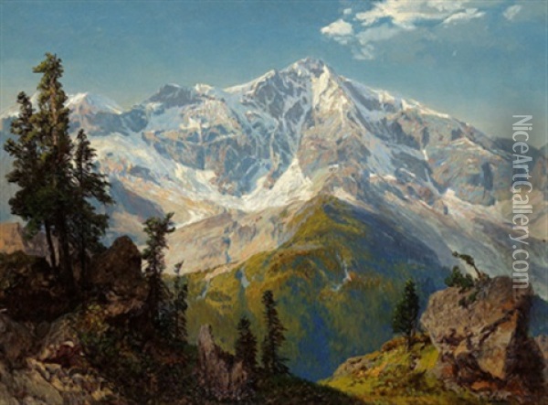 Grunes Tal, Schneebedeckte Berge Oil Painting - Konrad Petrides
