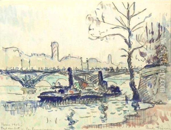 Paris, Pont Des Arts- Les Remoroqueurs Oil Painting - Paul Signac