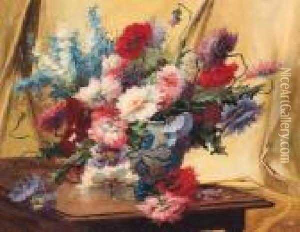 Vases Of Bright Summer Flowers On A Table Oil Painting - Edmond Van Coppenolle