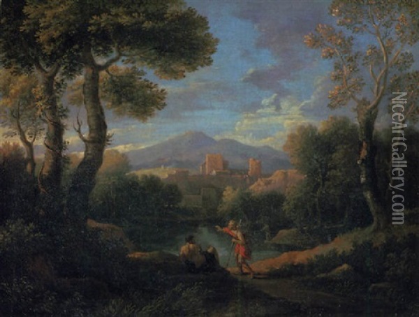 A Classical Landscape With Two Shepherds By A Lake, A Village Beyond Oil Painting - Jan Frans van Bloemen