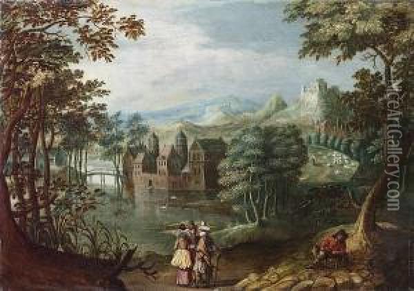 A Wooded River Landscape With 
Elegant Figures Conversing On A Track With A Traveller Resting Beneath A
 Tree, A Manor House Beyond Oil Painting - Gillis van Coninxloo