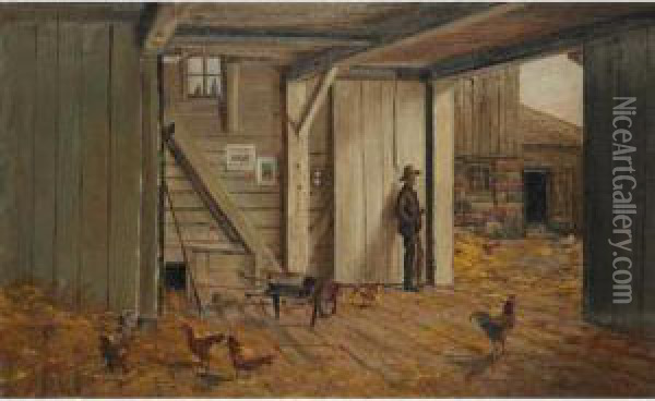 Farmer And Chickens In A Barn Doorway Oil Painting - Thomas Mower Martin