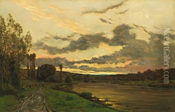 A River Landscape At Dusk Oil Painting - Hippolyte Camille Delpy