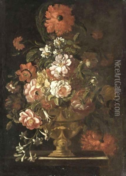 A Still Life Of Various Flowers In Vase Resting On A Ledge Oil Painting - Italian School