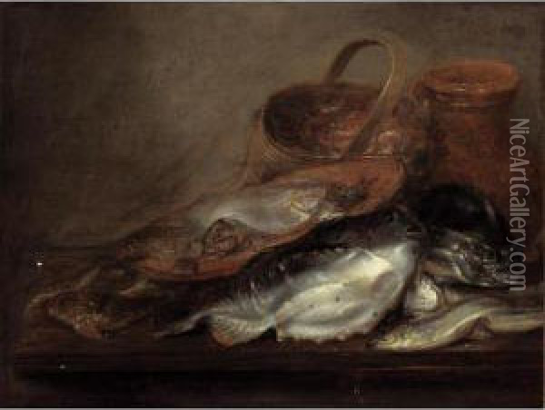 A Still Life With Soles And Other Fish On A Plate, Shrimps In A Basket And Lumpsuckers Together With Other Fish, All On A Wooden Table Oil Painting - Pieter Van Schaeyenborg