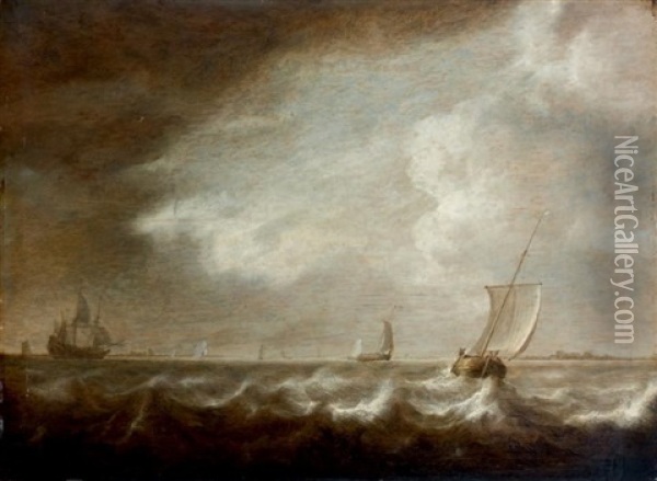 Barques Et Voilier Pres De Cotes Oil Painting - Simon De Vlieger
