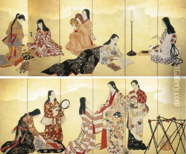 Genroku Fuzoku (pastimes Of The Genroku Era) Oil Painting - Kobayakawa Kiyoshi