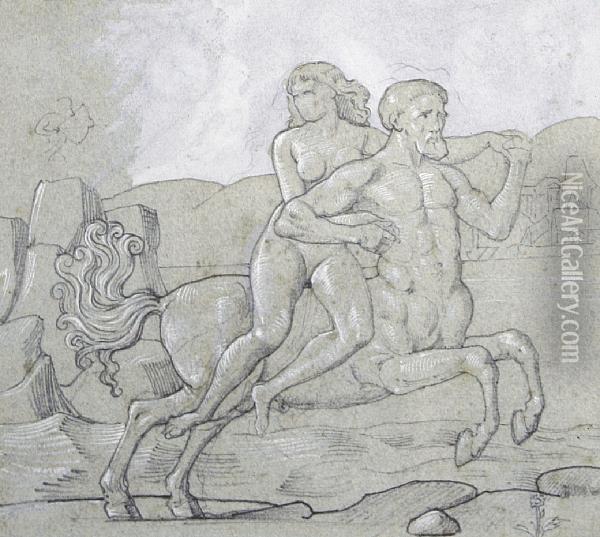 Centaur With Naked Female Ridingside-saddle Oil Painting - William De Morgan