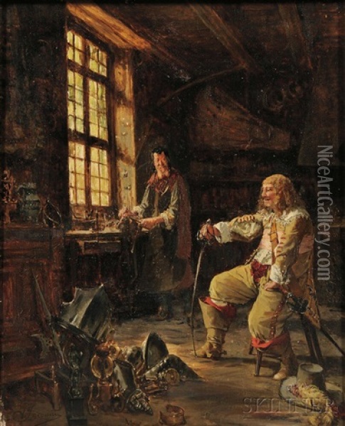 In The Armorer's Shop Oil Painting - (Alfred Louis Vigny) Jacomin