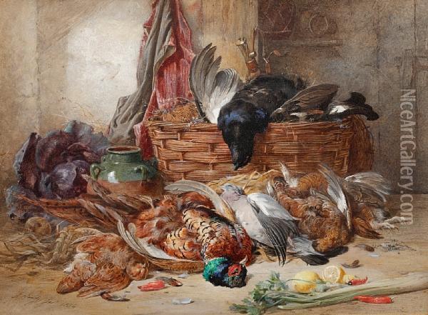Still Life Of Game And A Wicker Basket In Akitchen Oil Painting - James Hardy