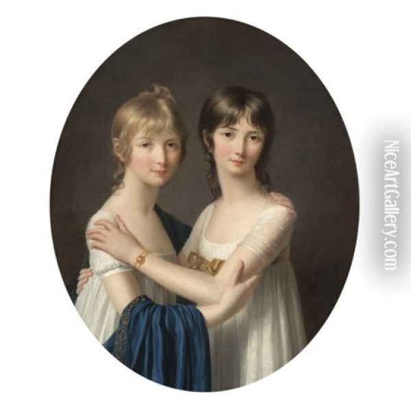 Portrait Of Two Sisters Wearing White Dresses Oil Painting - Marie-Victoire Lemoine