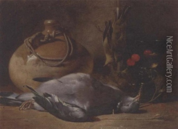 A Pigeon, Songbirds, A Stoneware Flask, A Glass Goblet And Cherries, On A Wooden Ledge Oil Painting - William Duffield