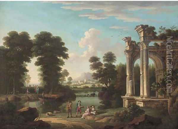 A classical wooded river landscape with elegant company discoursing by ruins Oil Painting - Hendrik Frans Van Lint