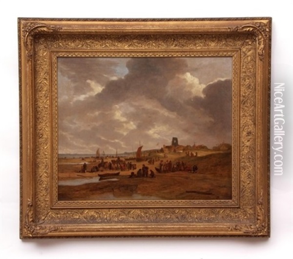 Selling Fish On Pakefield Beach Oil Painting - Alfred Stannard