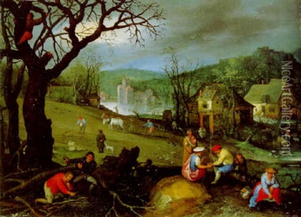 Autumn: Men Gathering Firewood And A Gypsy Fortune-telling Oil Painting - Marten Ryckaert