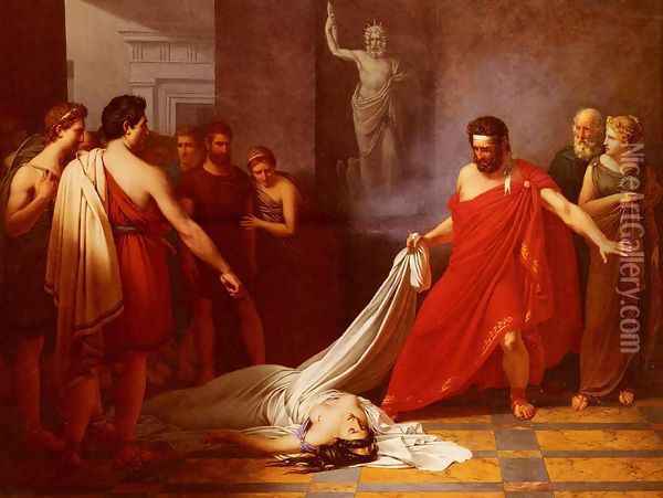 Egisthe, Croyant Decouvrir Le Corps D'oreste Mort, Decouvre Celui De Clytemnestre (Egisthe, Believing he has Found the Body of Orestes, to his Surprise Finds Clytemnestra) Oil Painting - Charles Auguste van den Berghe