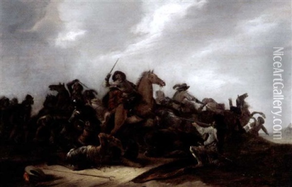 A Cavalry Battle Scene In A Landscape Oil Painting - Jacob Matthias Weyer