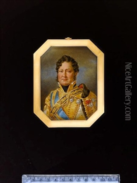 Louis-philippe, King Of The French, Wearing The Uniform Of The Colonel Of The Hussars, White Coat, Richly Decorated With Gold Braid, A Fur-trimmed Cape On His Left Shoulder Oil Painting - Andre Leon Larue