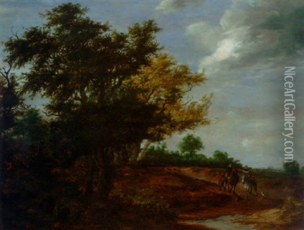 A Wooded Landscape With Travellers And A Beggar On A Path, Haarlem In The Distance Oil Painting - Jacob Salomonsz van Ruysdael