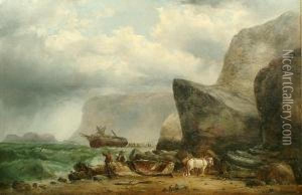 A Wreck On The Yorkshire Coast Oil Painting - Ralph I Stubbs