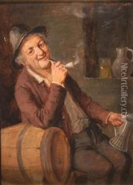 An Old Man Resting On A Barrel And Smoking A Pipe Oil Painting - Konstantin Stoitzner