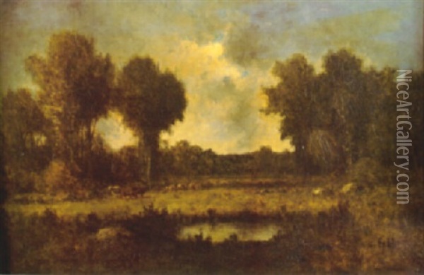 A Pastoral Scene With Cattle In A Clearing And A Pond In The Foreground Oil Painting - Theodore Rousseau