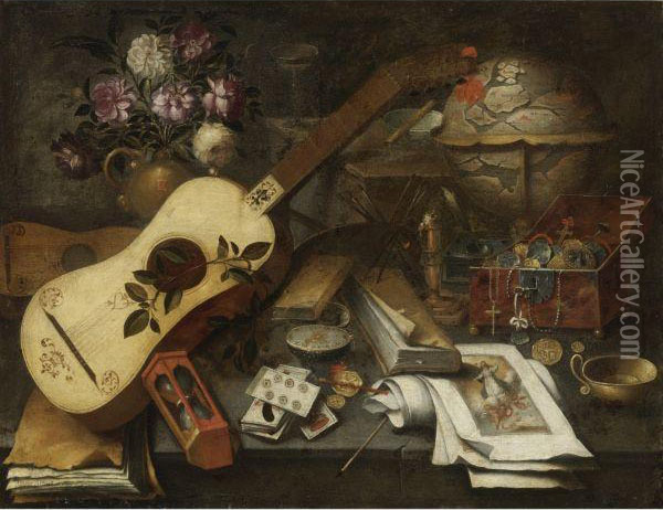 Still Life With A Guitar Oil Painting - Tomas Hiepes