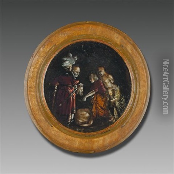 Salome Receiving The Head Of St John The Baptist, Kapselbild Miniature Oil Painting - Adam Elsheimer