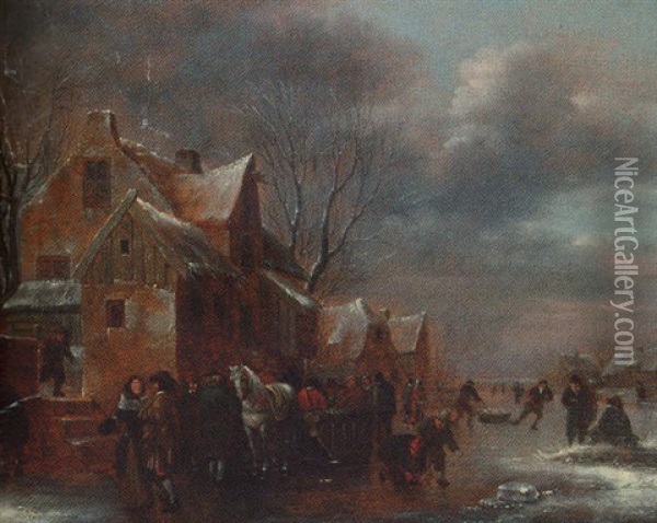 Travellers And Villagers On A Frozen River By A Cottage Oil Painting - Nicolaes Molenaer