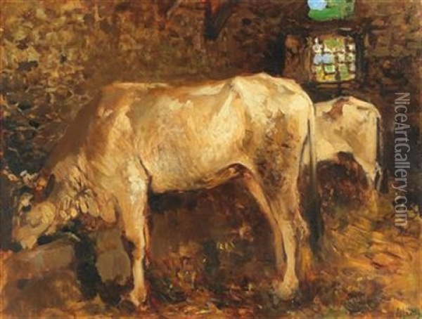 In The Cowshed Oil Painting - Vincenzo Irolli