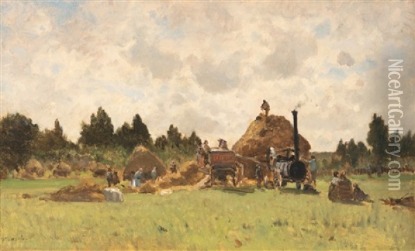 Labour In The Field With Steam Engine Oil Painting - Victor de Papelen (Papeleu)