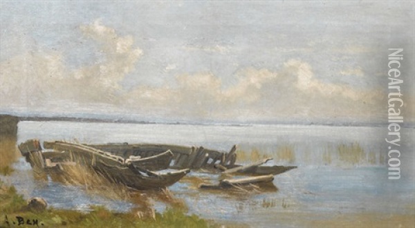 Barques Echouees Au Lac De Neuchatel Oil Painting - Auguste Bachelin