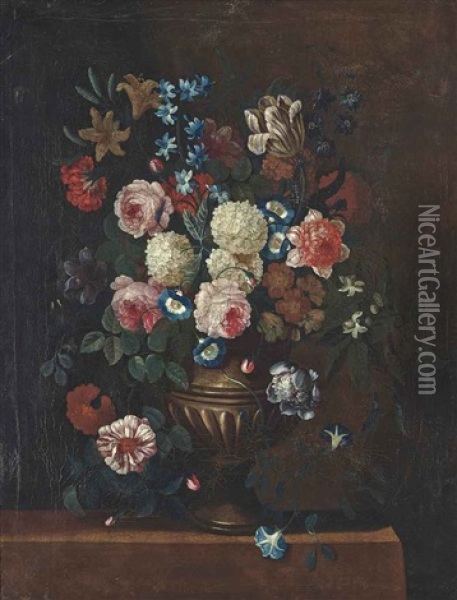 Roses, Snowballs, Convolvulus And Other Flowers In An Urn On A Stone Ledge Oil Painting - Simon Hardime