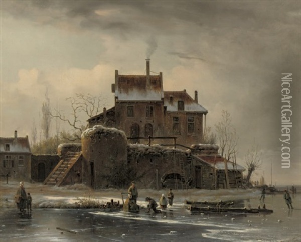 A Winter's Day On The Ice Near A Mansion Oil Painting - Theodor Soeterik