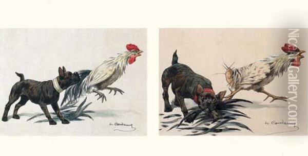 Bouledog Francais Attrapant Un Coq Oil Painting - Charles Fernand de Condamy