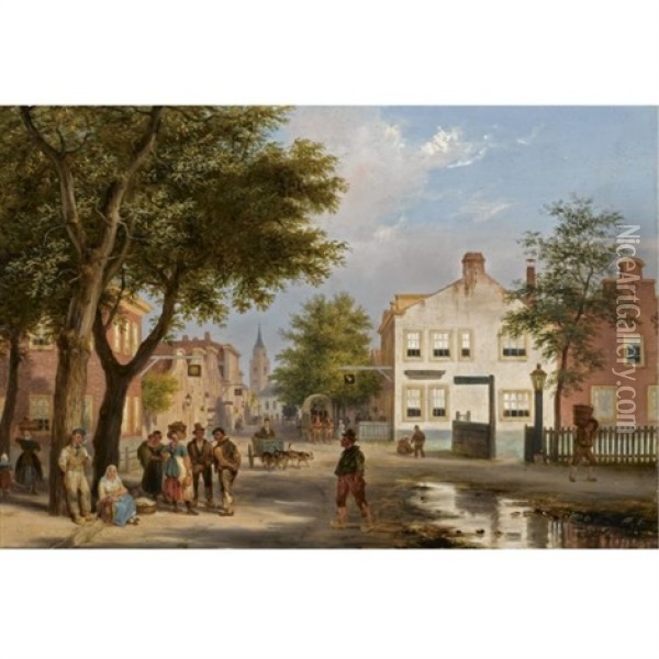 A Busy Square In A Dutch Town Oil Painting - Giuseppe Canella I