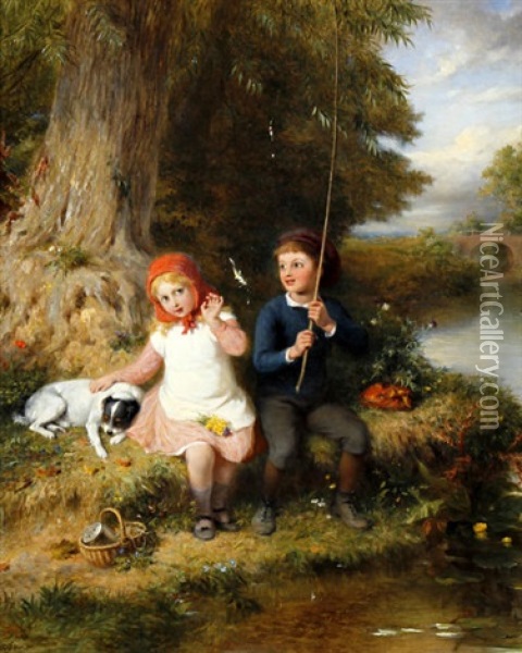 Don't Be Afraid, Children Fishing On A Riverbank Oil Painting - George Bernard O'Neill