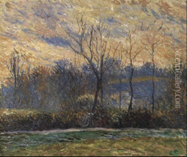 Soleil Couchant, Hiver Oil Painting - Camille Pissarro