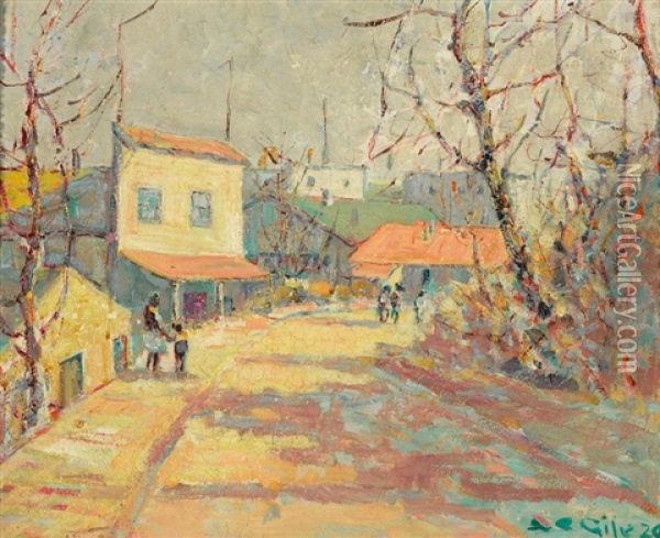 Sun-washed Street With Figures Strolling, Thought To Be Tiburon Oil Painting - Selden Connor Gile