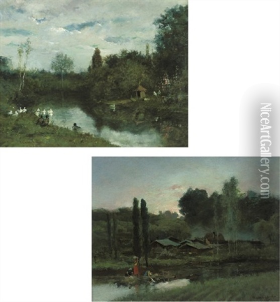 Ducks On The River (+ Washerwomen By A Pond; Pair) Oil Painting - Victoriano Codina Y Langlin