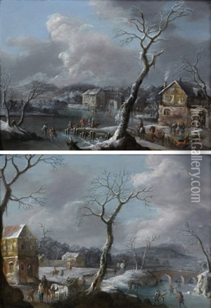 Paysages D'hiver Animes De Personnages (pair) Oil Painting - Johann Friedrich Thiele