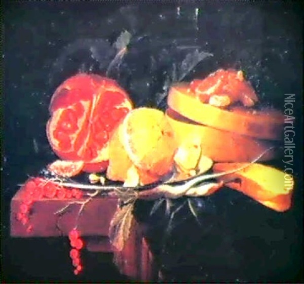 Natura Morta Con Melograno, Limone, Frutta Candita Su Una   Scatola Rotonda Biscotto E Ribes Oil Painting - Elias van den Broeck