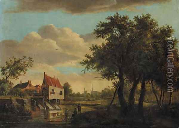 Anglers seated on a river bank by a watermill, a church in the distance Oil Painting - Meindert Hobbema