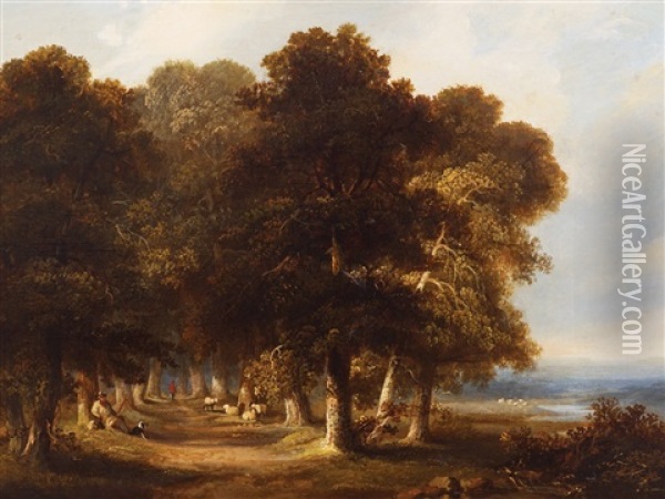 An Avenue Of Trees, With A Shepherd At Rest In The Foreground With His Dog And Flock, A Woman In Red Beyond Oil Painting - James Arthur O'Connor