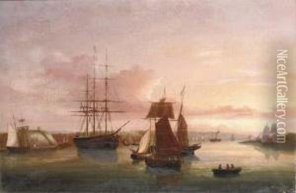 Merchantmen, Sail And Steam, Lying In Cork Harbour At Sunset Oil Painting - George Mounsey Wheatley Atkinson