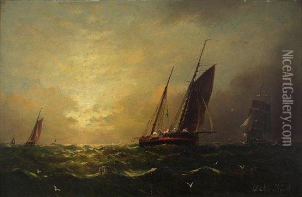 Ships At Sea Oil Painting - William Adolphu Knell
