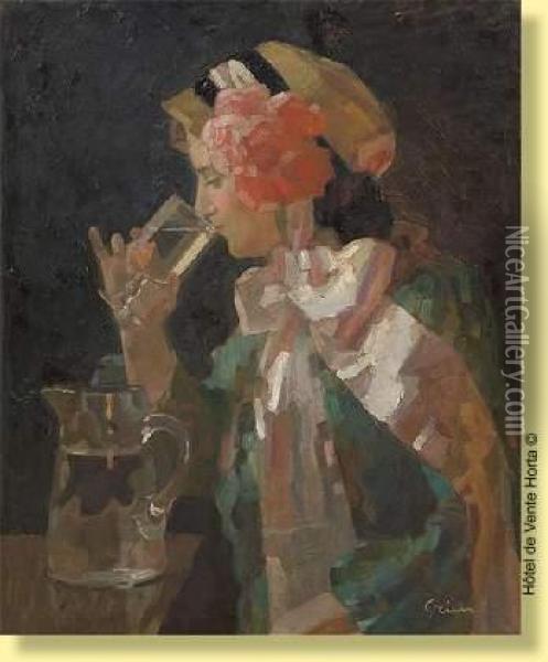 Jeune Femme Au Verre D'eau Oil Painting - Jules-Alexandre Grun